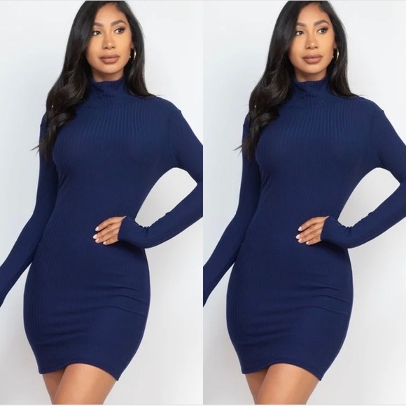 WOMEN’S NAVY BLUE LONG SLEEVE RIBBED MOCK NECK BODYCON MINI DRESS- 2X RESTOCKED! - Picture 1 of 2